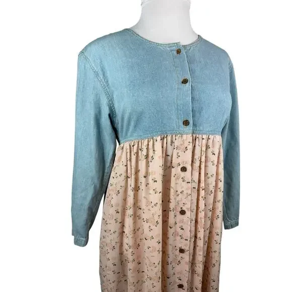 Vtg 90s Express Prairie Dress Denim Bodice Floral Maxi Cottagecore Coquette M - Picture 6 of 15